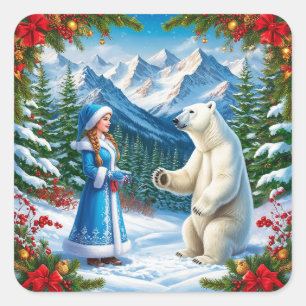 Schneemädchen mit festlicher Dekoration und Eisbär Quadratischer Aufkleber