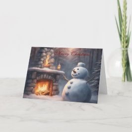 Schneemann an einem Außenkamin Weihnachten Karte