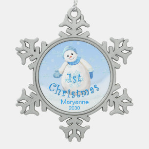 Schneemann-Andenken des Babys 1. Weihnachts Schneeflocken Zinn-Ornament