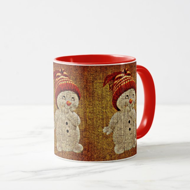 Schneemann auf Burlap niedliche rustikale Wintersc Tasse (VorderseiteRechts)