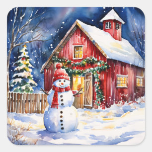 Schneemann auf einer Vintagen Farm Weihnachten Quadratischer Aufkleber