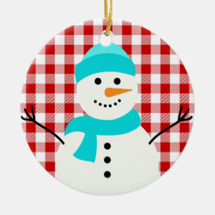 Schneemann auf Karo Keramik Ornament