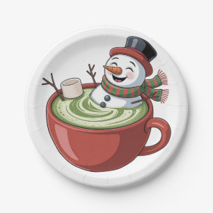 Schneemann auf Matcha-Badewanne Lustiges Weihnacht Pappteller
