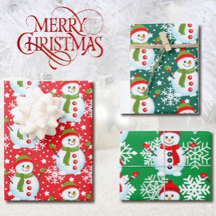 Schneemann auf Red & Green White Snowflakes Weihna Geschenkpapier Set
