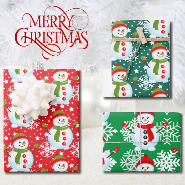 Schneemann auf Red & Green White Snowflakes Weihna Geschenkpapier Set (Von Creator hochgeladen)