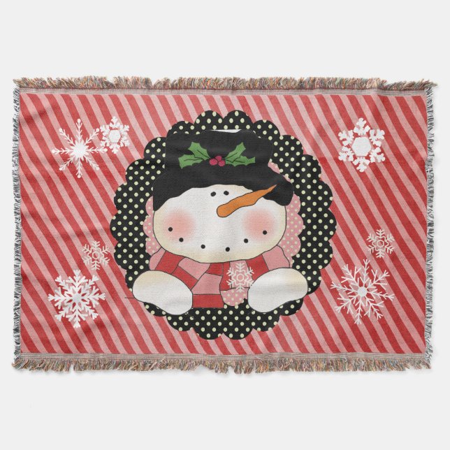 Schneemann auf Rot und Rosa Streifen Holiday Throw Decke (Vorderseite)
