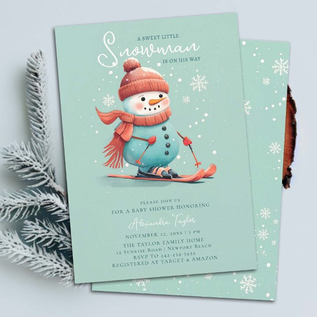 Schneemann auf Skis Winter Sports Aquamarin Boy Ba Einladung (snowman boy baby shower invitation winter sports skiing watercolor cute adorable teal blue orange )