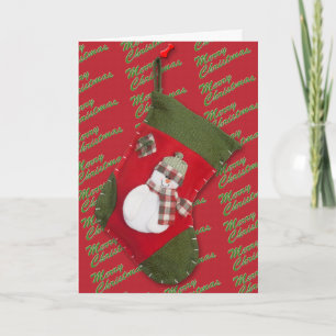 Schneemann auf Weihnachtsstrumpf über Rot Feiertagskarte