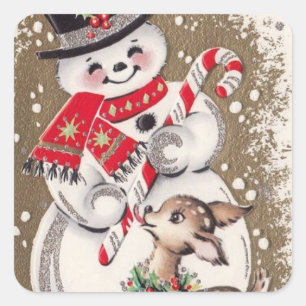 Schneemann aus den 1950er Jahren mit Rehkitz Quadratischer Aufkleber