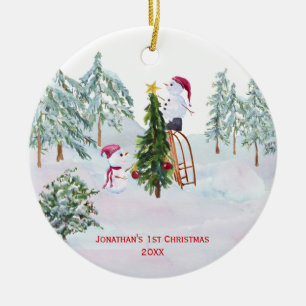 Schneemann Baby's 1. Weihnachtsfoto Keramik Ornament