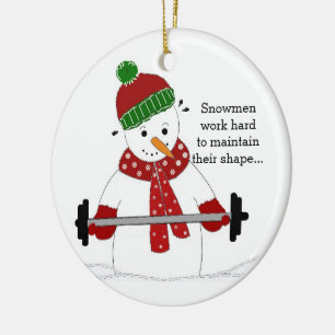 Schneemann beim Gewichtheben Keramik Ornament
