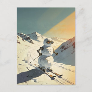Schneemann beim Skifahren Postkarte