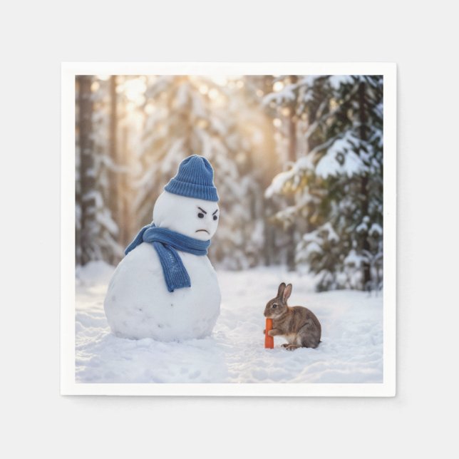 Schneemann, der einen Hasen böse ansieht Serviette (Vorderseite)