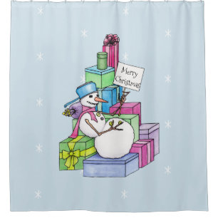 Schneemann entspannt auf Geschenken Duschvorhang