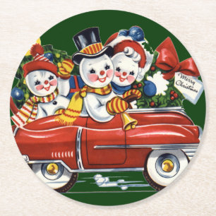 Schneemann Familie macht eine Spritztour Weihnacht Runder Pappuntersetzer