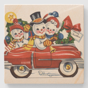 Schneemann Familie macht eine Spritztour Weihnacht Steinuntersetzer