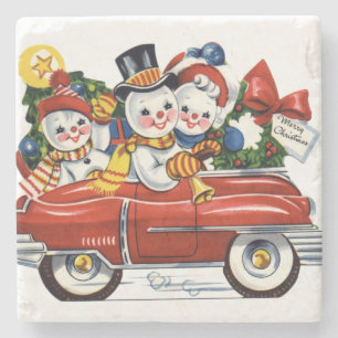 Schneemann Familie macht eine Weihnachtsfahrt Steinuntersetzer
