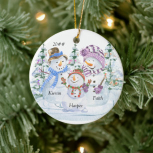 Schneemann-Familie mit 3 Personen, personalisierte Keramik Ornament