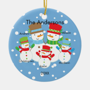 Schneemann-Familie mit 5 Weihnachtsbaumanhänger CU Keramikornament