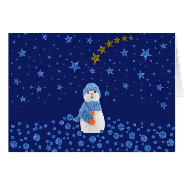 Schneemann, funkelnd blaue Sterne auf blau (Vorderseite (Horizontal))