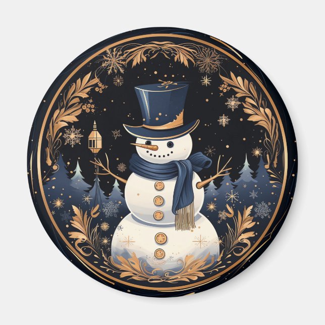 Schneemann Gold Blätter Feiertagsmagnet Magnet (Vorne)