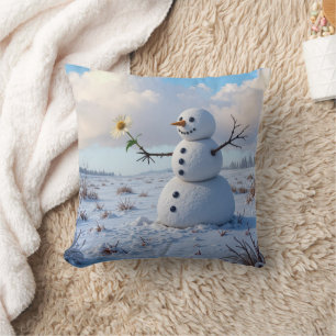 Schneemann hält eine weiße Gänseblümchen Kissen