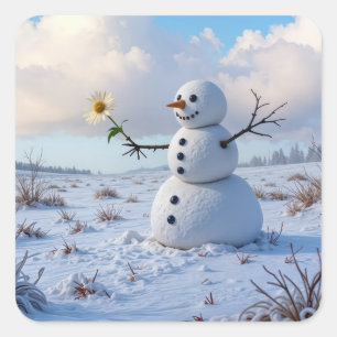 Schneemann hält eine weiße Gänseblümchen Quadratischer Aufkleber