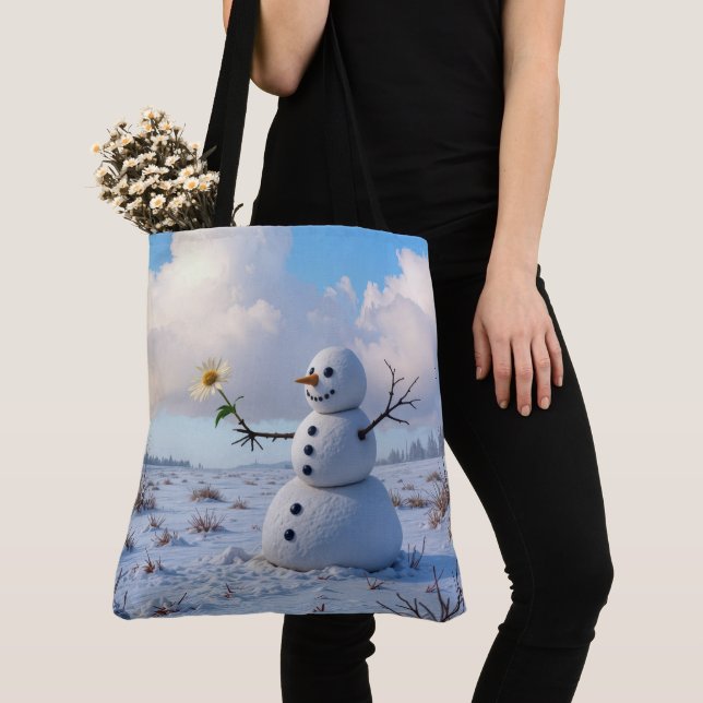 Schneemann hält eine weiße Margerite (Von Nahem)