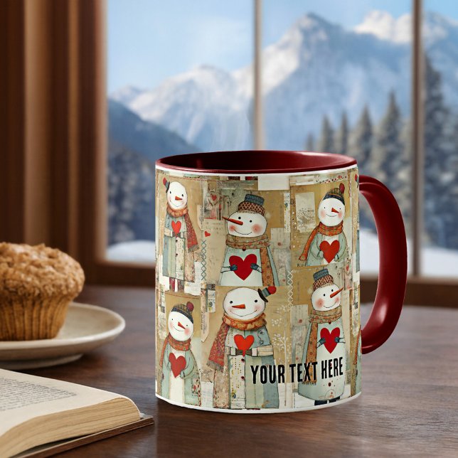 Schneemann-Herzen Winter Kaffeetasse (Mug featuring a whimsical pattern with snowmen carrying warm red hearts)