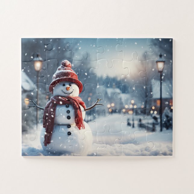 Schneemann im Dorf. Winterszene. Puzzle (Horizontal)