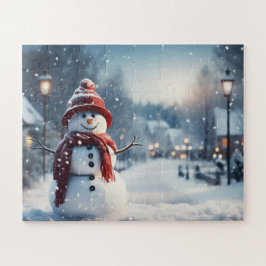 Schneemann im Dorf. Winterszene. Puzzle