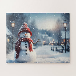 Schneemann im Dorf. Winterszene. Puzzle