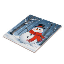 Schneemann im kalten Wald mit rotem Schal