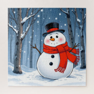 Schneemann im kalten Wald mit rotem Schal Puzzle