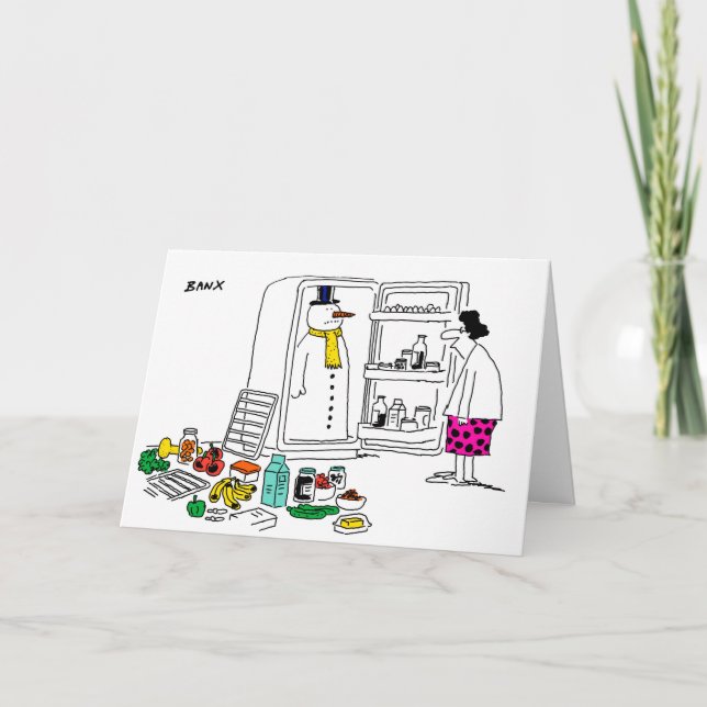 Schneemann im Kühlschrank Weihnachtskarte Feiertagskarte (Vorderseite)