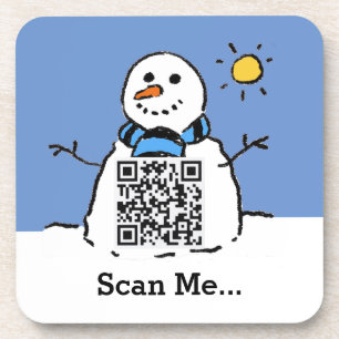 Schneemann im Sonnenschein mit QR-Code Getränkeuntersetzer