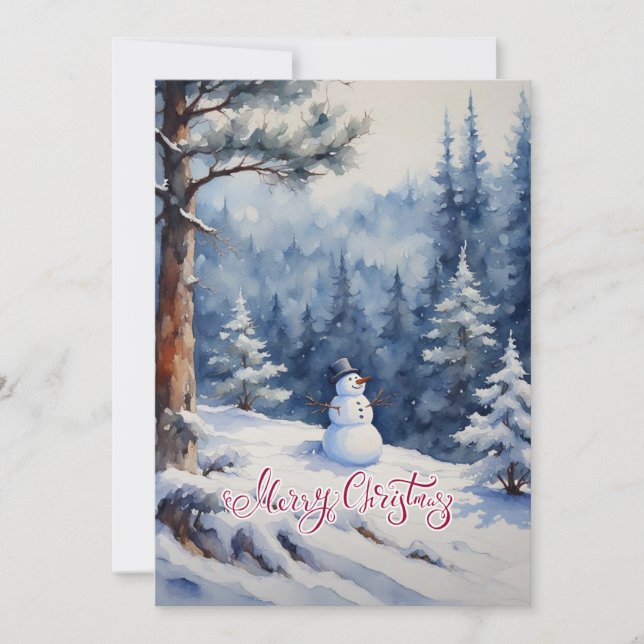 Schneemann im Wald Feiertagskarte (Vorderseite)