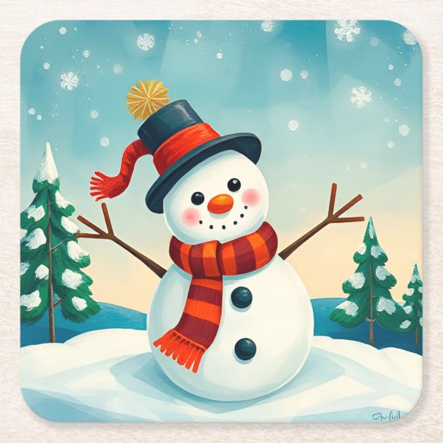 Schneemann im Winter Landschaft Rechteckiger Pappuntersetzer (Vorderseite)