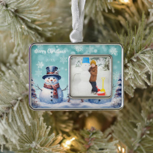 Schneemann im Winterwald Foto Teal Rahmen-Ornament Silber