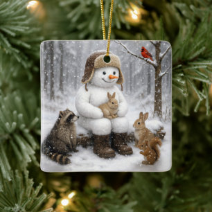 Schneemann im Winterwald mit tierischen Freunden Keramikornament