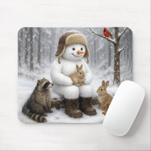 Schneemann im Winterwald mit tierischen Freunden Mousepad