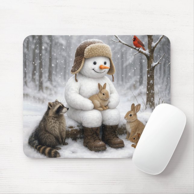 Schneemann im Winterwald mit tierischen Freunden Mousepad (Mit Mouse)