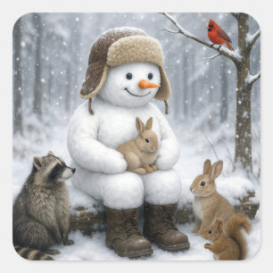 Schneemann im Winterwald mit tierischen Freunden Quadratischer Aufkleber