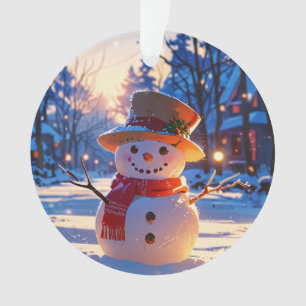 Schneemann in der Dämmerung auf festlicher Straße Ornament