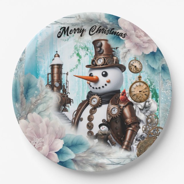 Schneemann in der Zeit! Steampunk Snowman Pappteller (Vorderseite)
