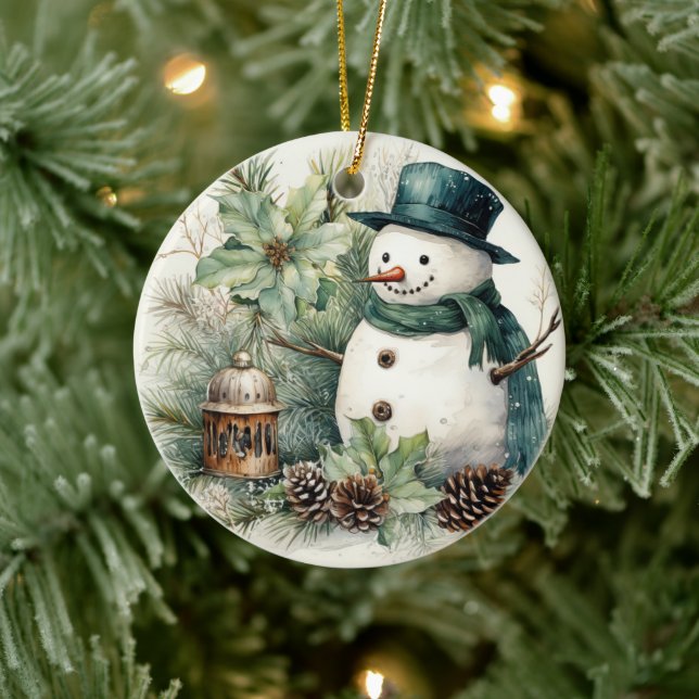 Schneemann in einem Grünen Hut Keramik Ornament (Baum)