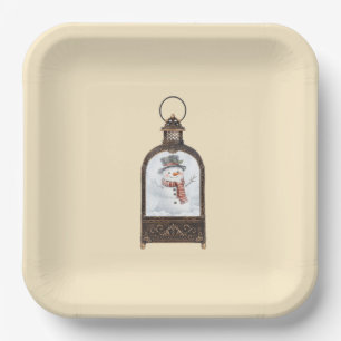 Schneemann in einer Vintage-Laterne Pappteller