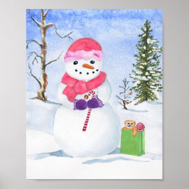 Schneemann in rosa Schal Winterszene Aquarell Poster