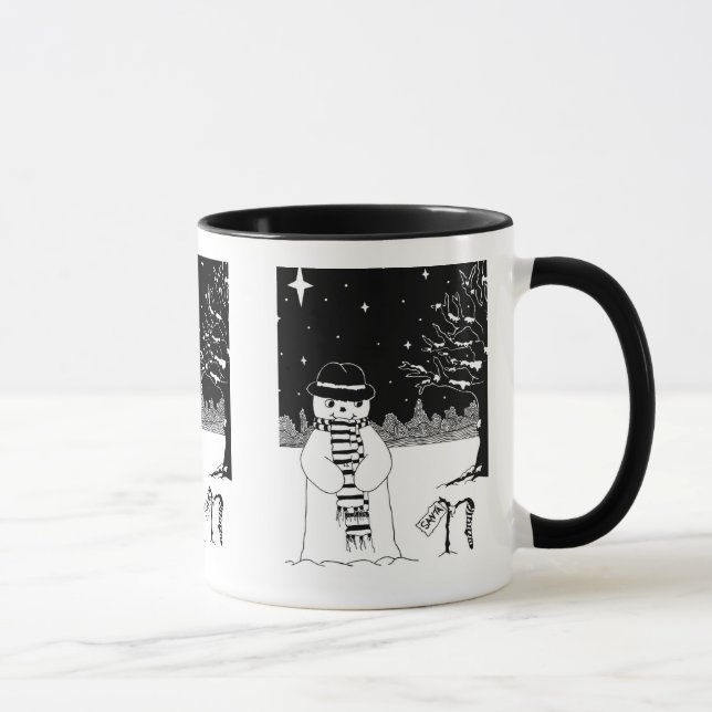 Schneemann in Schwarzweiß, Weihnachtsbekleidet Tasse (Rechts)