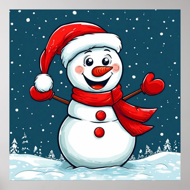 Schneemann in Weihnachtsmannmütze mit Scarf Poster (Vorne)